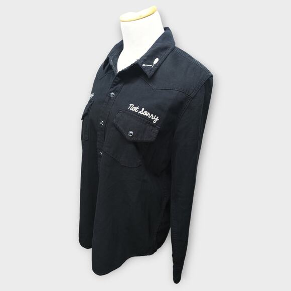 Women's Lucky Brand Black Long Sleeve Button Up Black Pearl Snaps Large - Picture 1 of 7